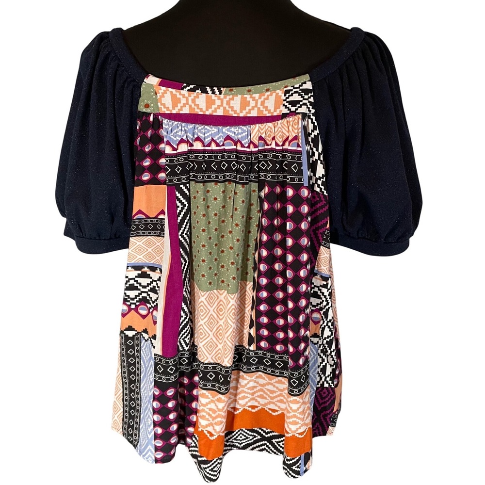 Maeve by Anthropologie Patchwork Geometric Puff Sleeve Blouse Multicolor Medium - Picture 3 of 6